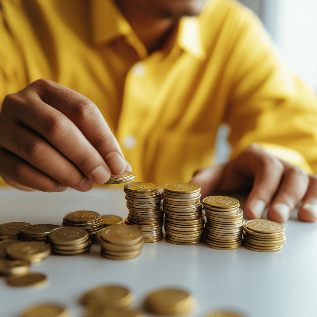 Homme en chemise jaune avec une pile de piece devant lui