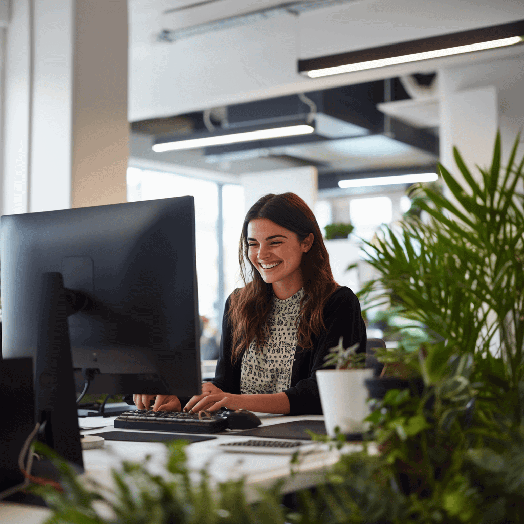 recruteuse RH souriante derriere son pc