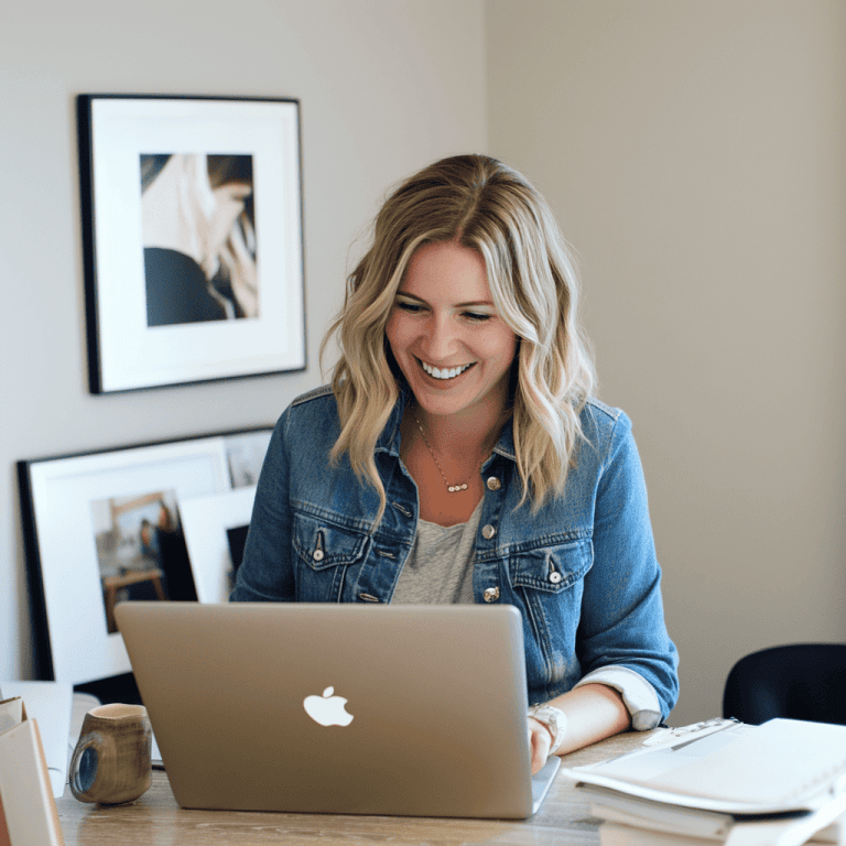 jeune femme blonde souriante derriere l'ecran de son macbook apple